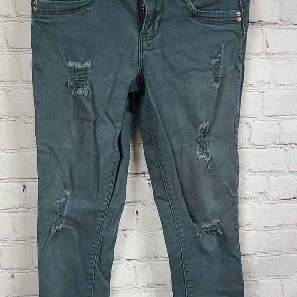 YMI Mid-Rise Distressed Wanna Bigger Butt Army Green Jeans Ripped Jegging - Picture 3 of 8
